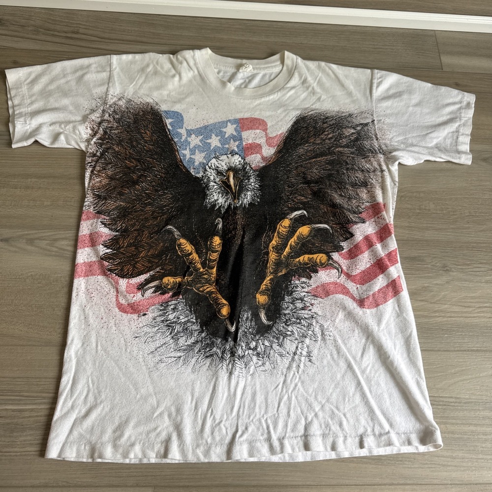 Vintage Eagle AOP Single Stitch T-shirt Nature Patriotic USA Flag Shirt Size L